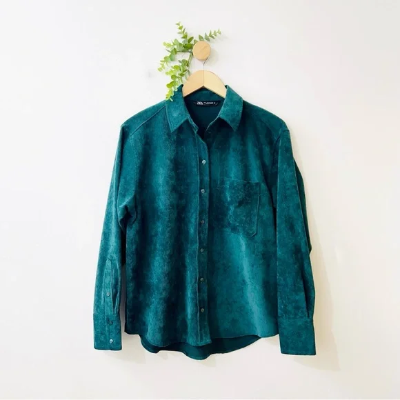 Zara Emerald Green Corduroy Button Front Shirt - Picture 1 of 7